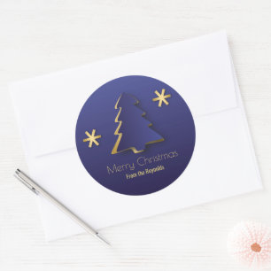 Classy Elegant Gold Blue Christmas Tree Classic Round Sticker