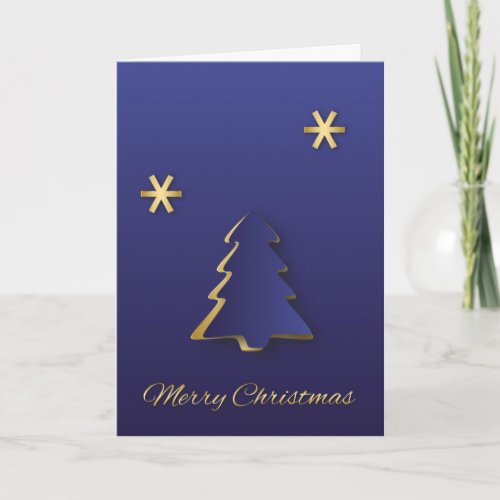 Classy Elegant Gold Blue Christmas Tree Holiday Card