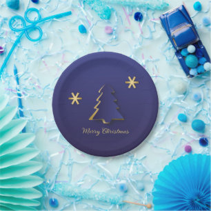 Classy Elegant Gold Blue Christmas Tree Paper Plates