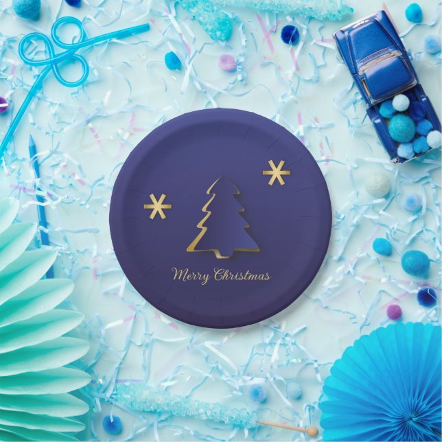 Classy Elegant Gold Blue Christmas Tree Paper Plates (Party)
