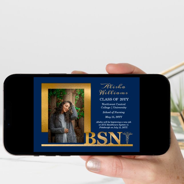 Classy Elegant Gold BSN Caduceus 1 Photo Dk Blue Announcement (Front Digital)