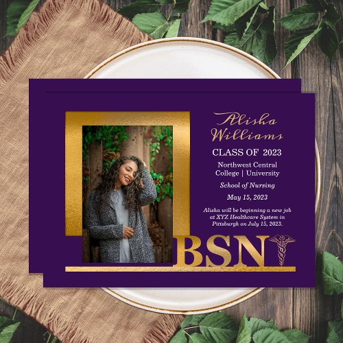 Classy Elegant Gold BSN Caduceus Photo Dk Purple Announcement