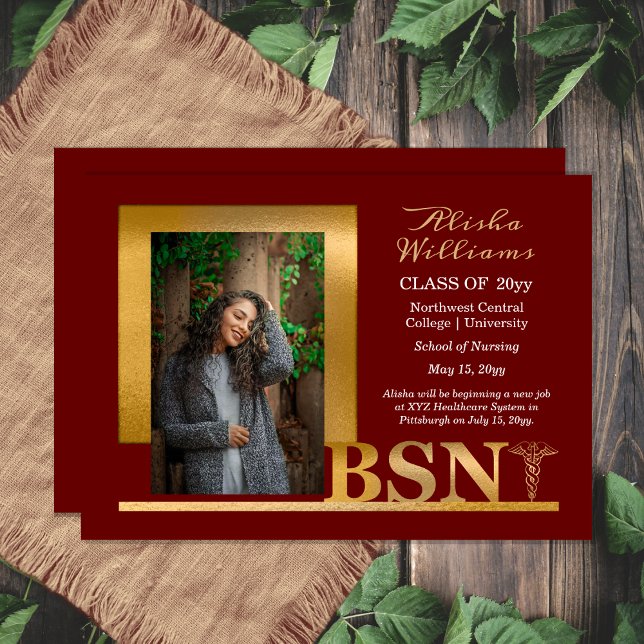 Classy Elegant Gold BSN Caduceus Photo Maroon Announcement (Classy Elegant Gold Tone BSN Caduceus Photo Maroon Announcement - Print and/or Digital Download)
