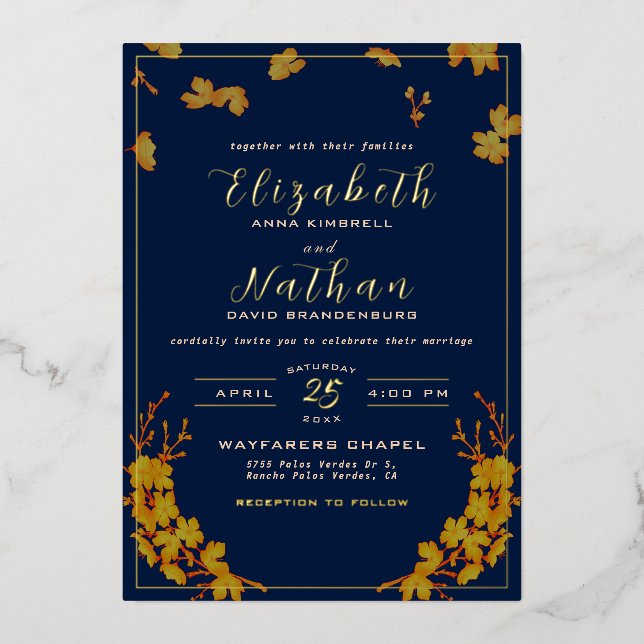 Classy Elegant Gold Floral Navy Blue Wedding Foil Invitation (Front)