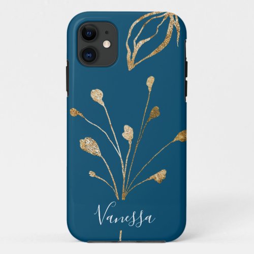 Classy Elegant Gold flowers Custom Name iPhone 11 Case