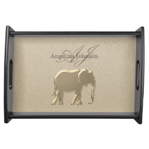 Classy Elegant Gold Foil Elephant Monogram Name Serving Tray