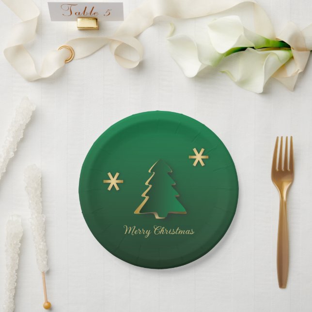Classy Elegant Gold Green Christmas Tree Paper Plates (Wedding)