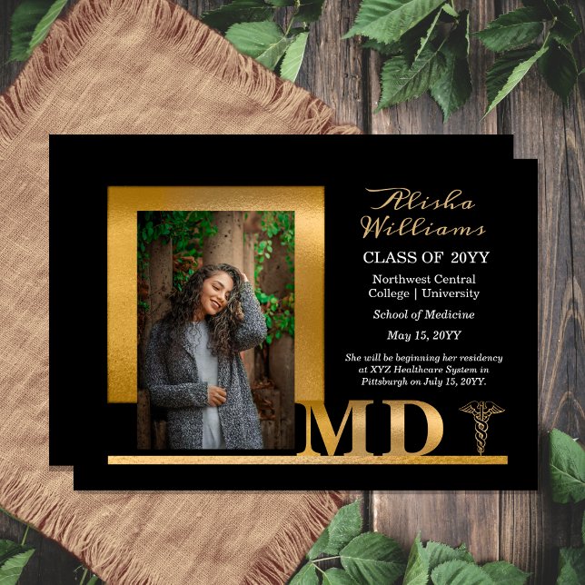 Classy Elegant Gold MD Caduceus 1 Photo Black  Announcement (Classy Elegant Black and Gold Tone "MD" Caduceus One Photo Graduation Announcement)