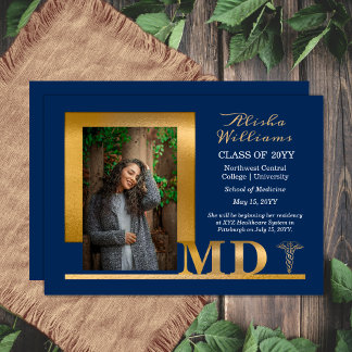 Classy Elegant Gold MD Caduceus 1 Photo Blue Announcement