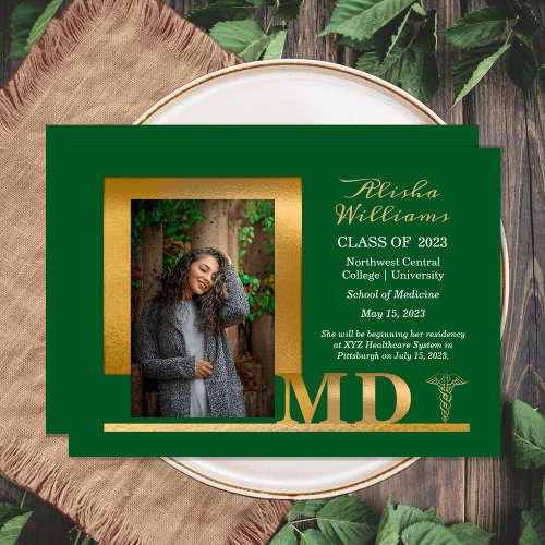 Classy Elegant Gold MD Caduceus 1 Photo Dk Green Announcement