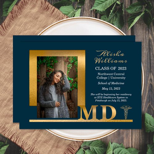 Classy Elegant Gold MD Caduceus 1 Photo Dk Teal Announcement