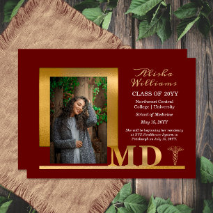 Classy Elegant Gold MD Caduceus 1 Photo Maroon Announcement