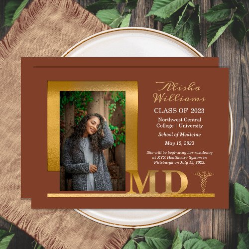 Classy Elegant Gold MD Caduceus 1 Photo Terracotta Announcement