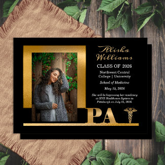 Classy Elegant Gold PA Caduceus 1 Photo Black Grad Announcement