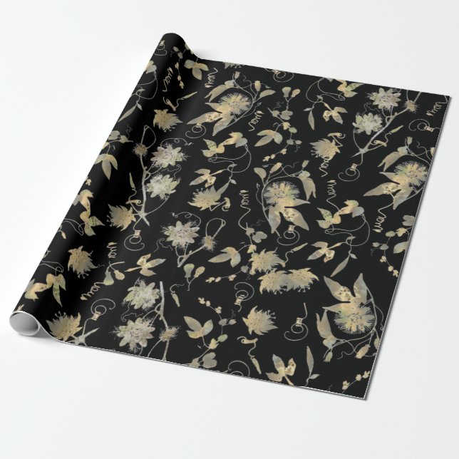 Classy Elegant Gold Passion Flowers on Black Wrapping Paper (Unrolled)