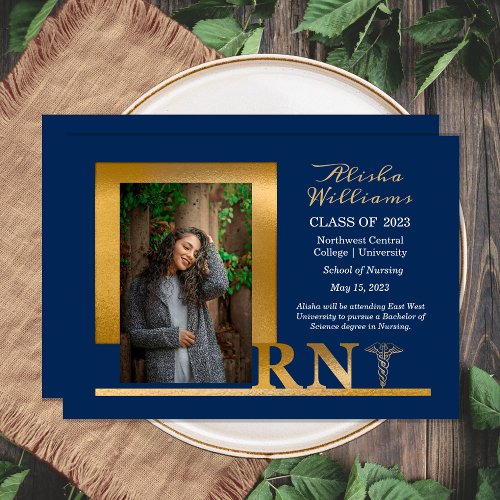 Classy Elegant Gold RN Caduceus 1 Photo Blue Announcement