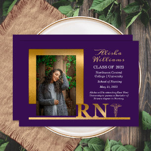 Classy Elegant Gold RN Caduceus 1 Photo Dk Purple Announcement