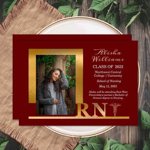 Classy Elegant Gold RN Caduceus 1 Photo Maroon Announcement