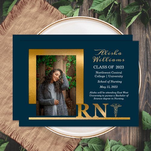 Classy Elegant Gold RN Caduceus 1 Photo Teal Announcement