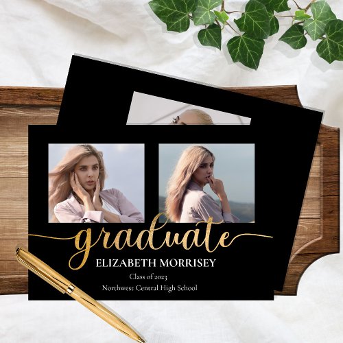 Classy Elegant Gold Script Text Graduate 3 Photo Announcement