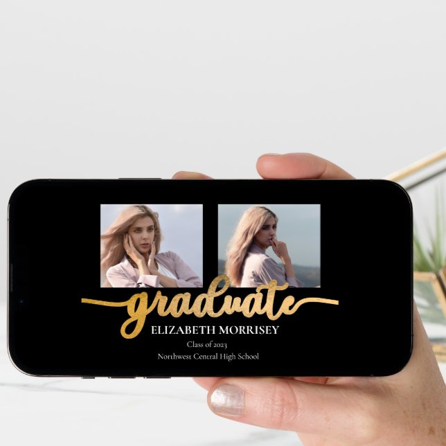 Classy Elegant Gold Script Text Graduate 3 Photo Announcement (Front Digital)