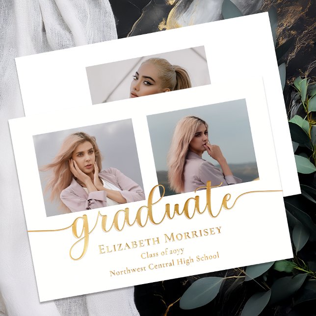 Classy Elegant Gold Script Text Graduate 3 Photo Foil Invitation (Elegant Modern 3 Photo Script Text Graduation Gold Foil Announcement - White)
