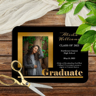 Classy Elegant Gold Text Graduate 1 Photo Black Magnet