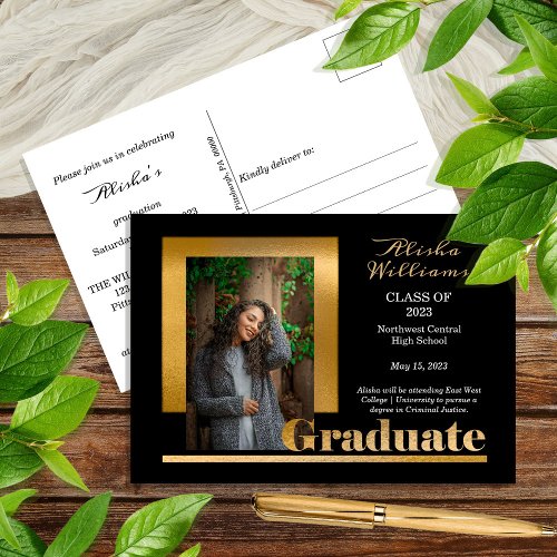 Classy Elegant Gold Text Graduate 1 Photo Black Postcard