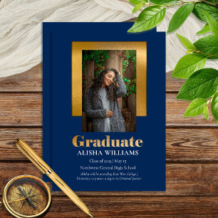 Classy Elegant Gold Text Graduate 1 Photo Blue Announcement