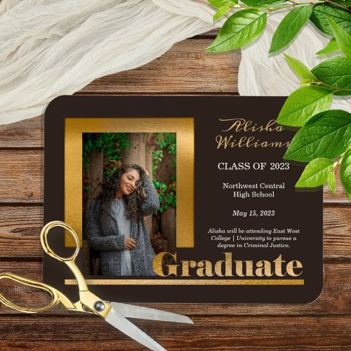Classy Elegant Gold Text Graduate 1 Photo Brown Magnet