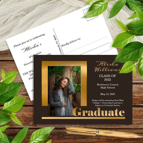 Classy Elegant Gold Text Graduate 1 Photo Brown Postcard