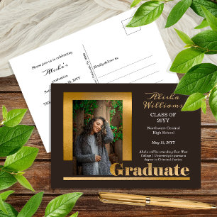 Classy Elegant Gold Text Graduate 1 Photo Brown Postcard
