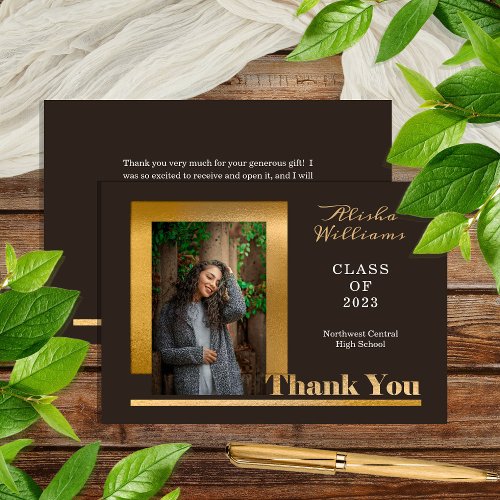 Classy Elegant Gold Text Graduate 1 Photo Brown Th Thank You Card