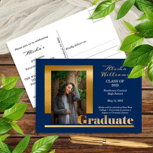 Classy Elegant Gold Text Graduate 1 Photo Dk Blue Postcard