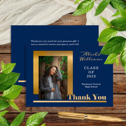 Classy Elegant Gold Text Graduate 1 Photo Dk Blue Thank You Card