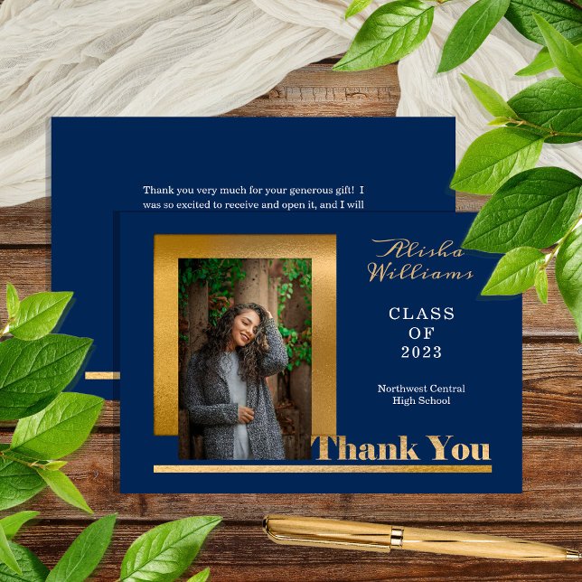 Classy Elegant Gold Text Graduate 1 Photo Dk Blue Thank You Card (Creator Uploaded)