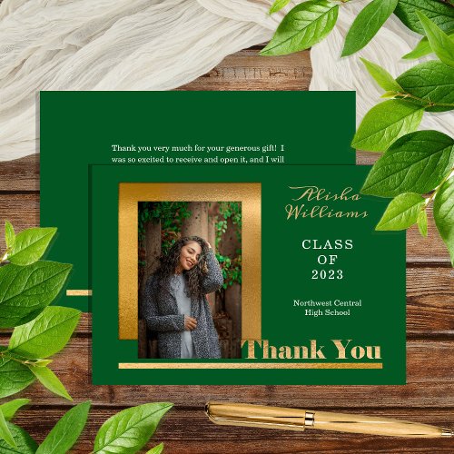 Classy Elegant Gold Text Graduate 1 Photo Dk Green Thank You Card