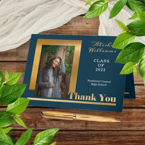 Classy Elegant Gold Text Graduate 1 Photo Dk Teal Thank You Card