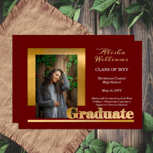 Classy Elegant Gold Text Graduate 1 Photo Maroon Announcement