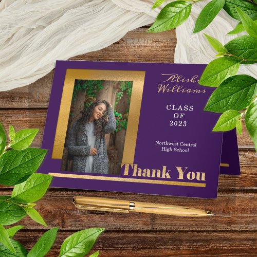 Classy Elegant Gold Text Graduate 1 Photo Purple Thank You Card
