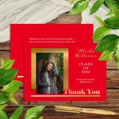 Classy Elegant Gold Text Graduate 1 Photo Red Thank You Card