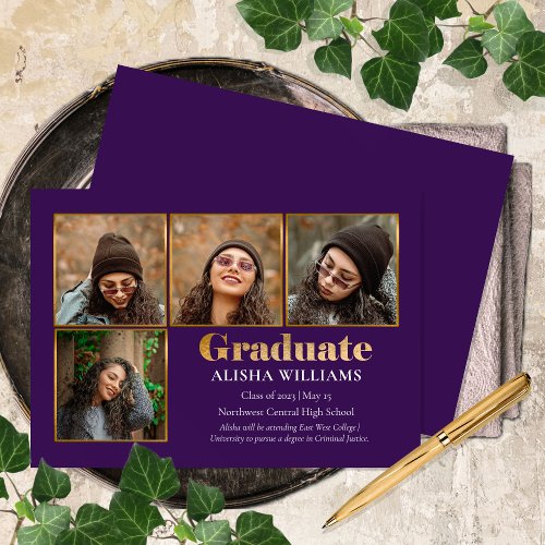 Classy Elegant Gold Text Graduate 4 Photo Announce Announcement