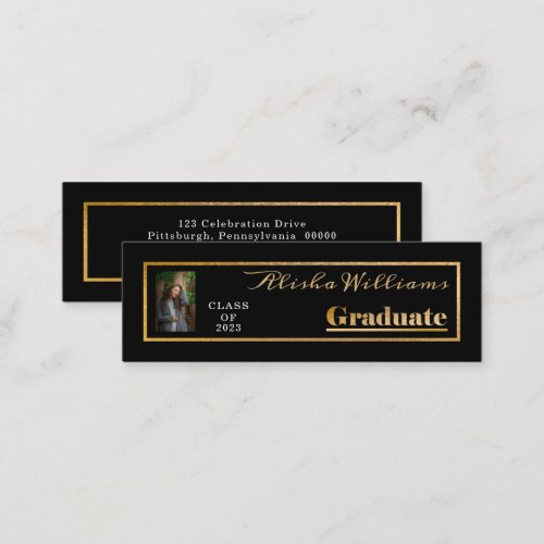 Classy Elegant Gold Text Graduate Photo Black Mini Business Card