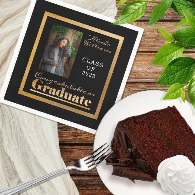 Classy Elegant Gold Text Graduate Photo Black Napkins (Creator Uploaded)