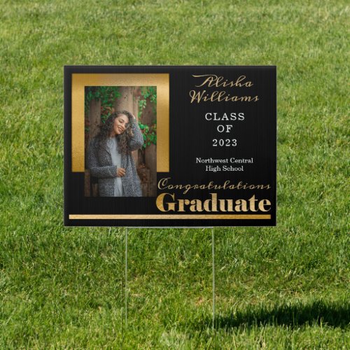 Classy Elegant Gold Text Graduate Photo Black Sign