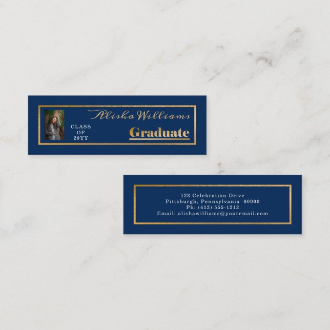 Classy Elegant Gold Text Graduate Photo Dk Blue Mini Business Card (Front/Back)