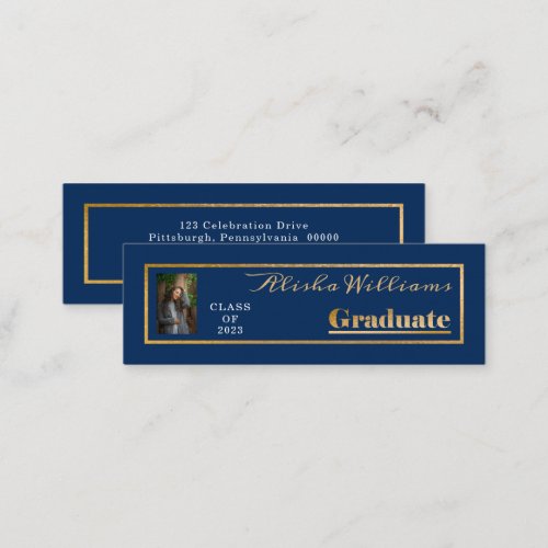 Classy Elegant Gold Text Graduate Photo Dk Blue Mini Business Card