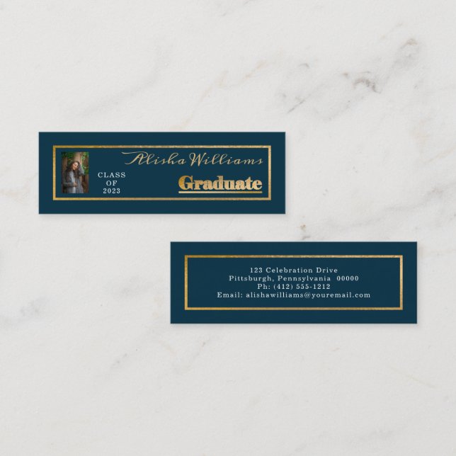 Classy Elegant Gold Text Graduate Photo Dk Teal Mini Business Card (Front/Back)