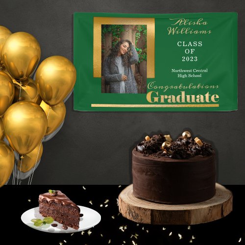 Classy Elegant Gold Text Graduate Photo Green Banner