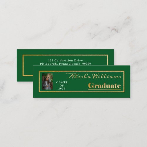 Classy Elegant Gold Text Graduate Photo Green  Mini Business Card
